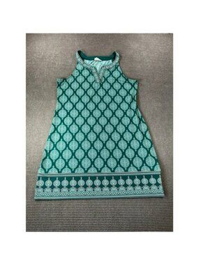 Magnolia Grace Teal Green Damask Medallion Split Neck Shift Dress Womens XL